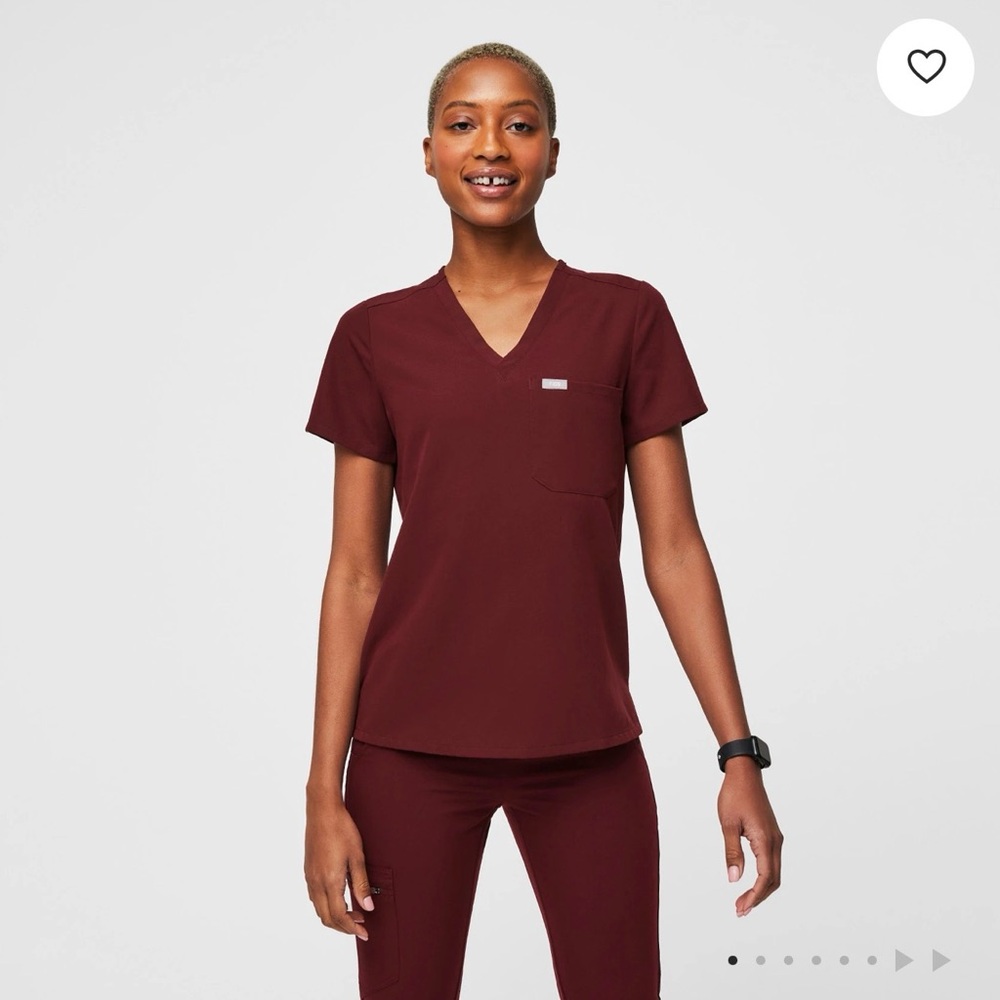 Figs Maroon Short Sleeve V-Neck Top
